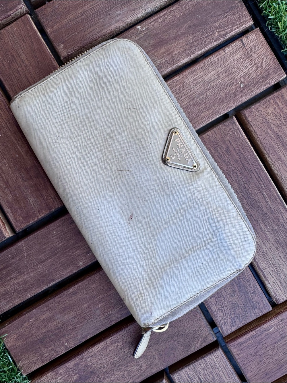 Prada Cream Saffiano Zip-Around Wallet with Gold Triangle Logo